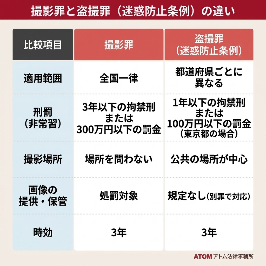 撮影罪と盗撮罪（迷惑防止条例）の違い